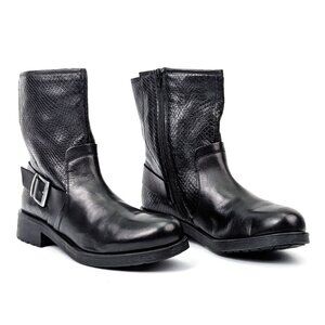 Geox Women Rewelle Black Leather Moto Buckle Zip Ankle Boots size 9US EUR39